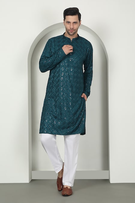 Buy Aham-Vayam Green Cotton Sequins, Embroidery Floral Teal Kurta Set Online at Aza Fashions Buy_Aham-Vayam_Green Cotton Sequins, Embroidery Floral Teal Kurta Set _Online_at_Aza_Fashions