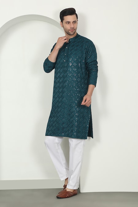 Shop Aham-Vayam Green Cotton Sequins, Embroidery Floral Teal Kurta Set Online at Aza Fashions Shop_Aham-Vayam_Green Cotton Sequins, Embroidery Floral Teal Kurta Set _Online_at_Aza_Fashions