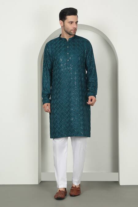 Aham-Vayam Green Cotton Sequins, Embroidery Floral Teal Kurta Set at Aza Fashions Aham-Vayam_Green Cotton Sequins, Embroidery Floral Teal Kurta Set _at_Aza_Fashions