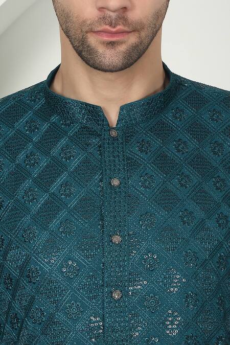 Buy Aham-Vayam Green Cotton Sequins, Embroidery Floral Teal Kurta Set Buy_Aham-Vayam_Green Cotton Sequins, Embroidery Floral Teal Kurta Set