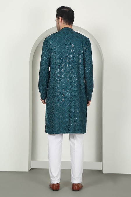 Shop Aham-Vayam Green Cotton Sequins, Embroidery Floral Teal Kurta Set at Aza Fashions Shop_Aham-Vayam_Green Cotton Sequins, Embroidery Floral Teal Kurta Set _at_Aza_Fashions