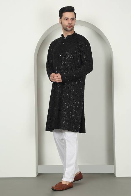 Buy_Aham-Vayam_Black Cotton Sequins, Embroidery Thread Kurta Set _Online_at_Aza_Fashions