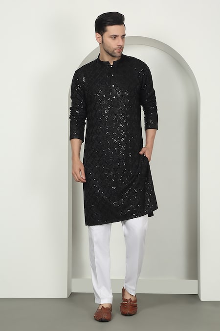 Shop_Aham-Vayam_Black Cotton Sequins, Embroidery Thread Kurta Set _Online_at_Aza_Fashions