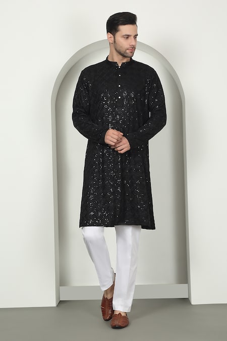 Aham-Vayam_Black Cotton Sequins, Embroidery Thread Kurta Set _at_Aza_Fashions