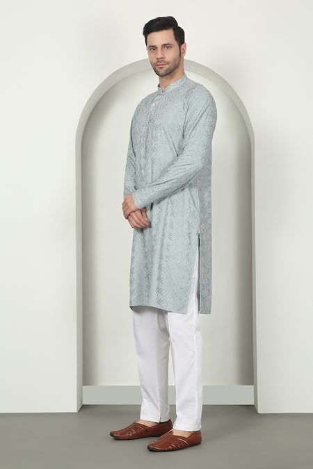 Buy_Aham-Vayam_Gray Cotton Sequins, Embroidery Pastel Grey Kurta Set _Online_at_Aza_Fashions