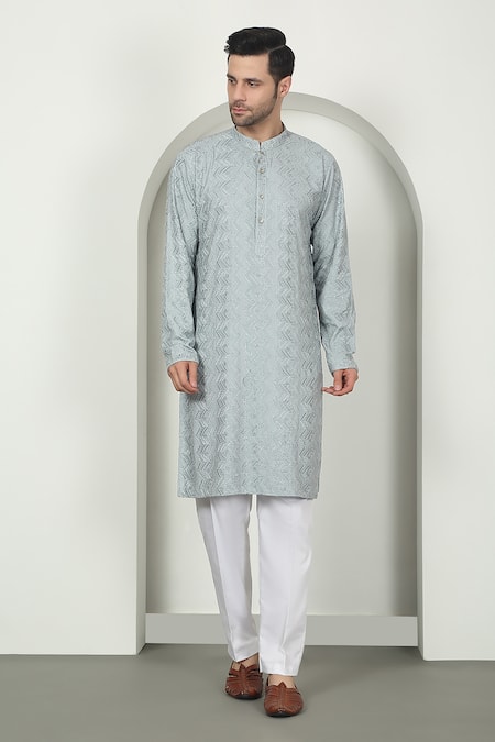 Shop_Aham-Vayam_Gray Cotton Sequins, Embroidery Pastel Grey Kurta Set _Online_at_Aza_Fashions