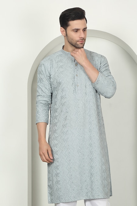 Buy_Aham-Vayam_Gray Cotton Sequins, Embroidery Pastel Grey Kurta Set 