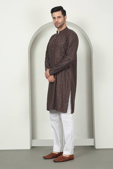 Buy_Aham-Vayam_Brown Cotton Sequins, Embroidery Chevron Kurta Set _Online_at_Aza_Fashions