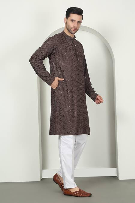Shop_Aham-Vayam_Brown Cotton Sequins, Embroidery Chevron Kurta Set _Online_at_Aza_Fashions