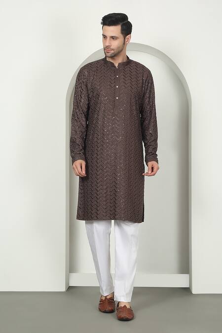 Aham-Vayam_Brown Cotton Sequins, Embroidery Chevron Kurta Set _at_Aza_Fashions