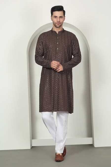 Buy_Aham-Vayam_Brown Cotton Sequins, Embroidery Chevron Kurta Set 