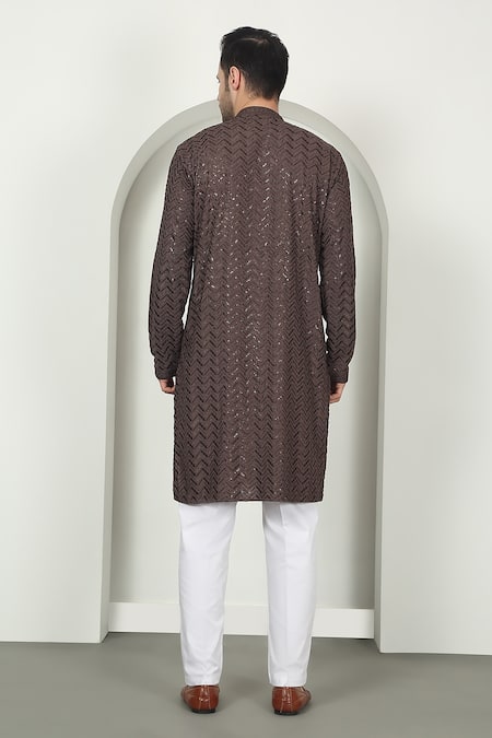 Aham-Vayam Chevron Embroidered Brown Kurta Set 