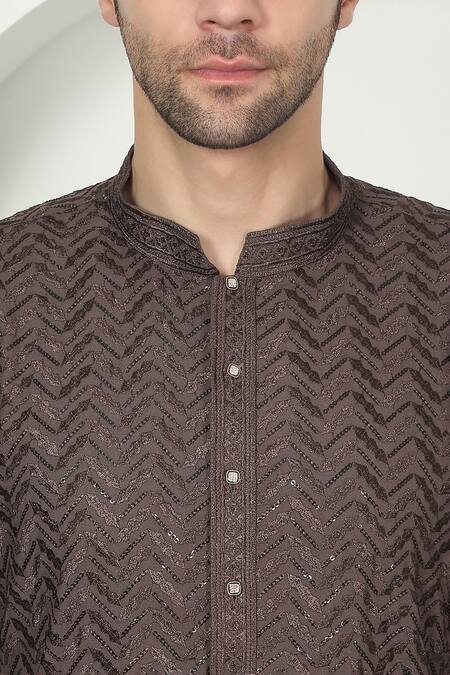 Shop_Aham-Vayam_Brown Cotton Sequins, Embroidery Chevron Kurta Set 