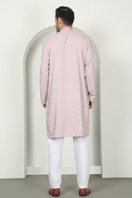 Shop Aham-Vayam Pink Cotton Sequins, Embroidery Pastel Kurta Set at Aza Fashions Shop_Aham-Vayam_Pink Cotton Sequins, Embroidery Pastel Kurta Set _at_Aza_Fashions