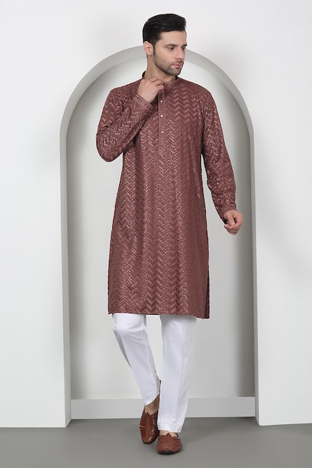 Aham-Vayam Brown Cotton Sequins, Embroidery Chevron Kurta Set Online at Aza Fashions Aham-Vayam_Brown Cotton Sequins, Embroidery Chevron Kurta Set _Online_at_Aza_Fashions