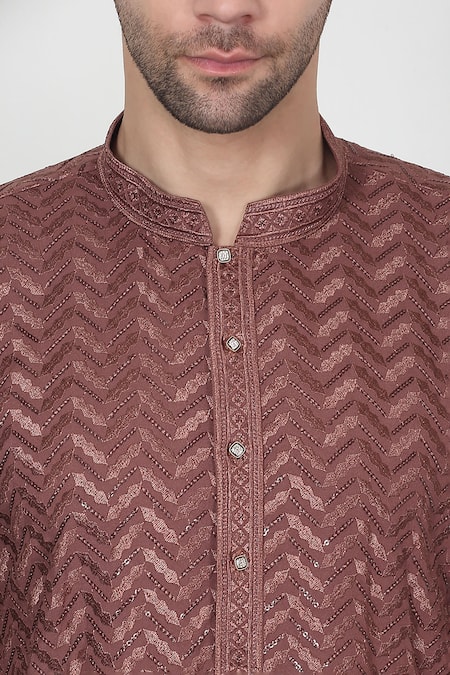 Shop Aham-Vayam Brown Cotton Sequins, Embroidery Chevron Kurta Set Online at Aza Fashions Shop_Aham-Vayam_Brown Cotton Sequins, Embroidery Chevron Kurta Set _Online_at_Aza_Fashions