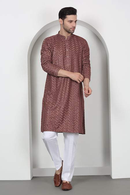 Aham-Vayam Chevron Embroidered Cotton Kurta Set 