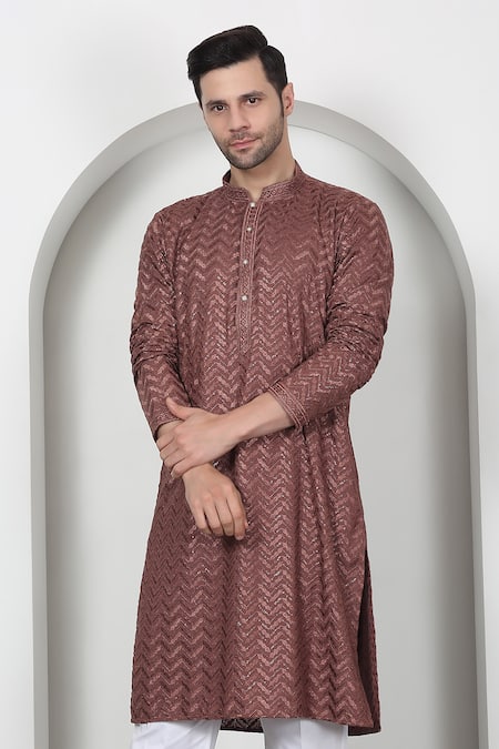 Aham-Vayam Brown Cotton Sequins, Embroidery Chevron Kurta Set at Aza Fashions Aham-Vayam_Brown Cotton Sequins, Embroidery Chevron Kurta Set _at_Aza_Fashions