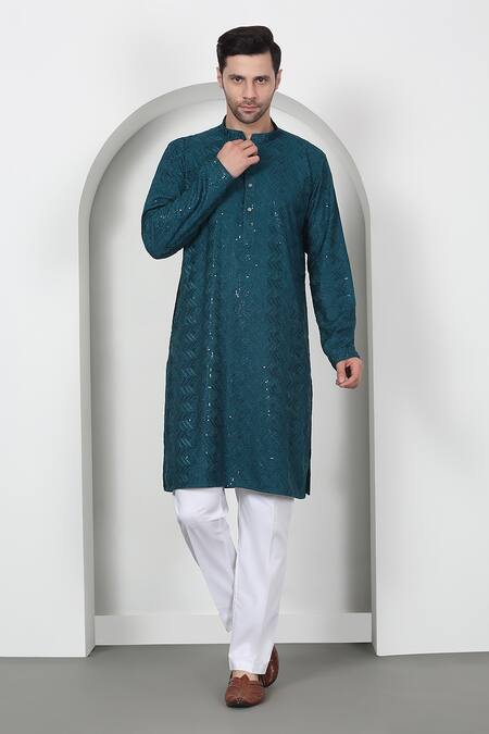 Shop Aham-Vayam Green Cotton Sequins Zig Zag Embroidered Kurta Set Online at Aza Fashions Shop_Aham-Vayam_Green Cotton Sequins Zig Zag Embroidered Kurta Set _Online_at_Aza_Fashions