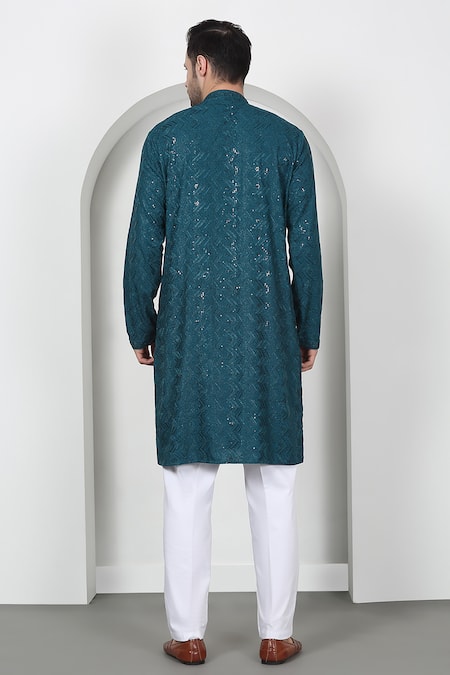 Shop Aham-Vayam Green Cotton Sequins Zig Zag Embroidered Kurta Set at Aza Fashions Shop_Aham-Vayam_Green Cotton Sequins Zig Zag Embroidered Kurta Set _at_Aza_Fashions