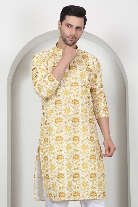 Buy_Aham-Vayam_Yellow Cotton Embroidery Floral Print Kurta Set _Online_at_Aza_Fashions