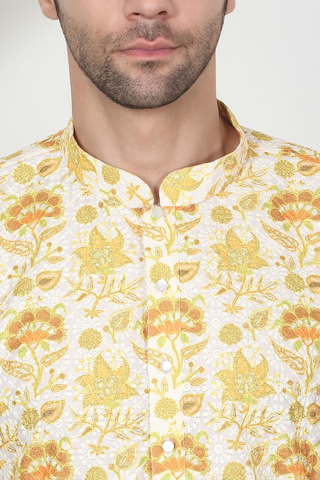Shop_Aham-Vayam_Yellow Cotton Embroidery Floral Print Kurta Set _Online_at_Aza_Fashions