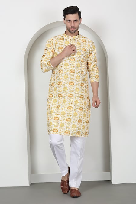 Aham-Vayam_Yellow Cotton Embroidery Floral Print Kurta Set _at_Aza_Fashions