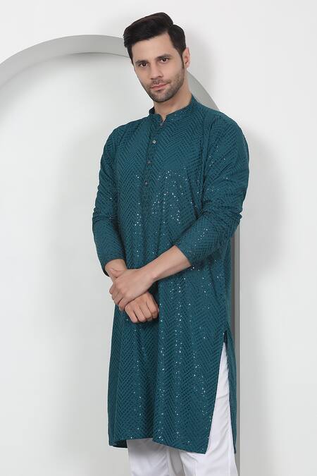 Buy Aham-Vayam Green Cotton Sequins, Embroidery Teal Kurta Set Online at Aza Fashions Buy_Aham-Vayam_Green Cotton Sequins, Embroidery Teal Kurta Set _Online_at_Aza_Fashions