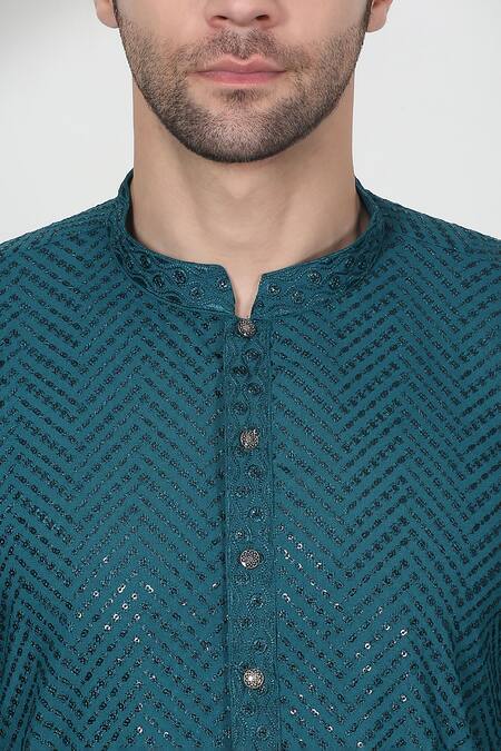 Shop Aham-Vayam Green Cotton Sequins, Embroidery Teal Kurta Set Online at Aza Fashions Shop_Aham-Vayam_Green Cotton Sequins, Embroidery Teal Kurta Set _Online_at_Aza_Fashions