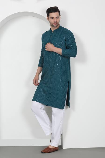 Aham-Vayam Green Cotton Sequins, Embroidery Teal Kurta Set at Aza Fashions Aham-Vayam_Green Cotton Sequins, Embroidery Teal Kurta Set _at_Aza_Fashions