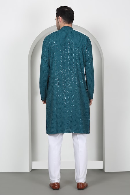 Shop Aham-Vayam Green Cotton Sequins, Embroidery Teal Kurta Set at Aza Fashions Shop_Aham-Vayam_Green Cotton Sequins, Embroidery Teal Kurta Set _at_Aza_Fashions