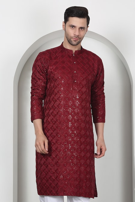 Aham-Vayam_Red Cotton Sequins, Embroidery Kurta Set _Online_at_Aza_Fashions