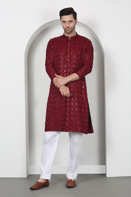 Shop_Aham-Vayam_Red Cotton Sequins, Embroidery Kurta Set _Online_at_Aza_Fashions