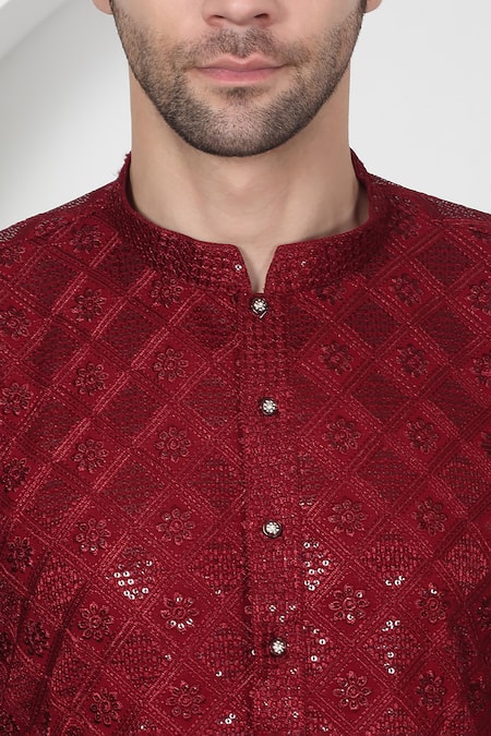 Aham-Vayam_Red Cotton Sequins, Embroidery Kurta Set _at_Aza_Fashions
