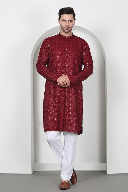 Aham-Vayam Red Sequin Embroidered Kurta Set 