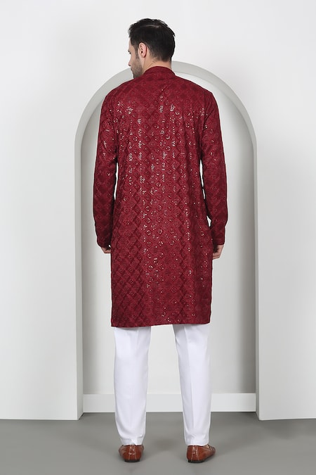Aham-Vayam Red Sequin Embroidered Kurta Set 