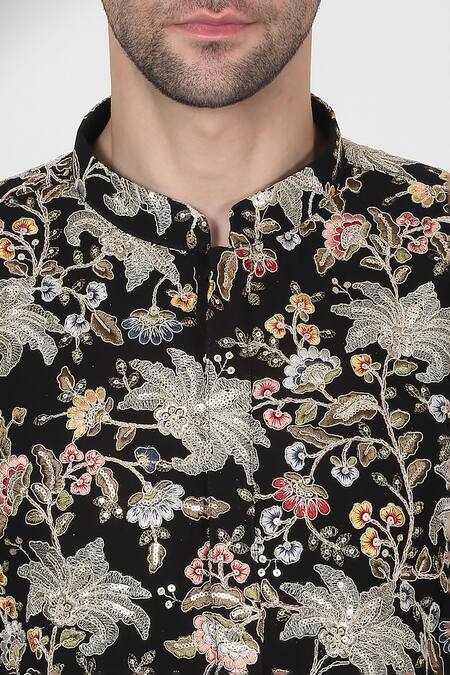 Aham-Vayam Black Cotton Sequins, Embroidery Floral Kurta Set at Aza Fashions Aham-Vayam_Black Cotton Sequins, Embroidery Floral Kurta Set _at_Aza_Fashions