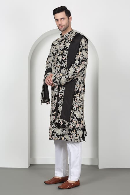 Aham-Vayam Floral Embroidered Black Kurta Set 