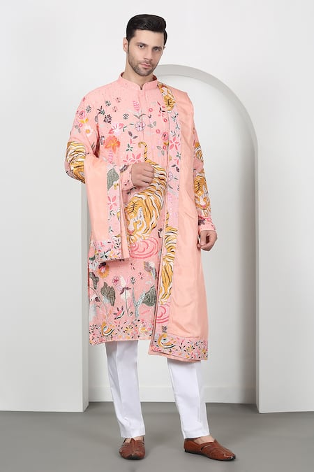 Shop_Aham-Vayam_Coral Cotton Embroidery Forest Tiger Kurta Set_Online_at_Aza_Fashions
