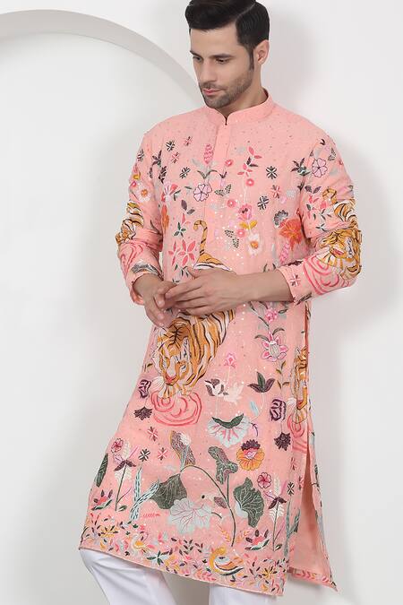 Aham-Vayam_Coral Cotton Embroidery Forest Tiger Kurta Set_at_Aza_Fashions