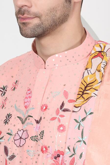 Buy_Aham-Vayam_Coral Cotton Embroidery Forest Tiger Kurta Set