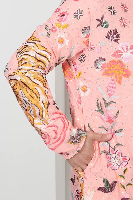 Shop_Aham-Vayam_Coral Cotton Embroidery Forest Tiger Kurta Set