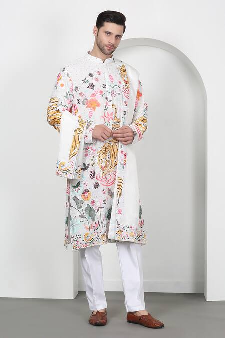 Buy Aham-Vayam White Cotton Sequins, Embroidery Forest Tiger Kurta Set Online at Aza Fashions Buy_Aham-Vayam_White Cotton Sequins, Embroidery Forest Tiger Kurta Set_Online_at_Aza_Fashions