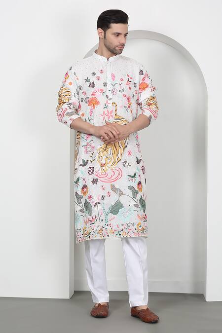 Shop Aham-Vayam White Cotton Sequins, Embroidery Forest Tiger Kurta Set Online at Aza Fashions Shop_Aham-Vayam_White Cotton Sequins, Embroidery Forest Tiger Kurta Set_Online_at_Aza_Fashions