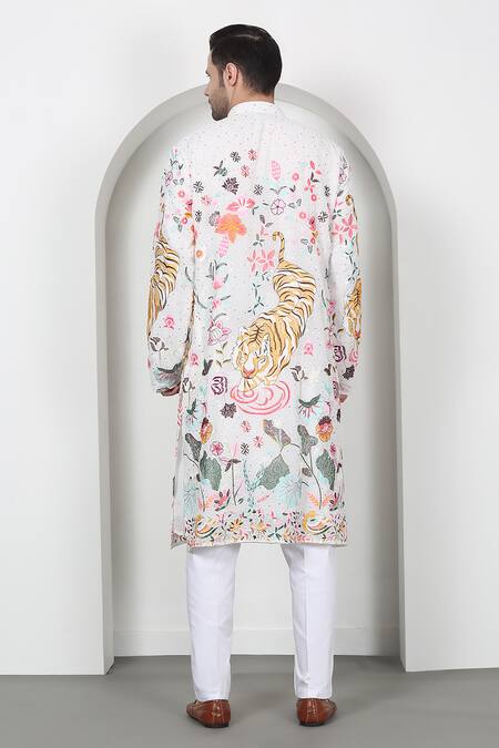 Shop Aham-Vayam White Cotton Sequins, Embroidery Forest Tiger Kurta Set at Aza Fashions Shop_Aham-Vayam_White Cotton Sequins, Embroidery Forest Tiger Kurta Set_at_Aza_Fashions