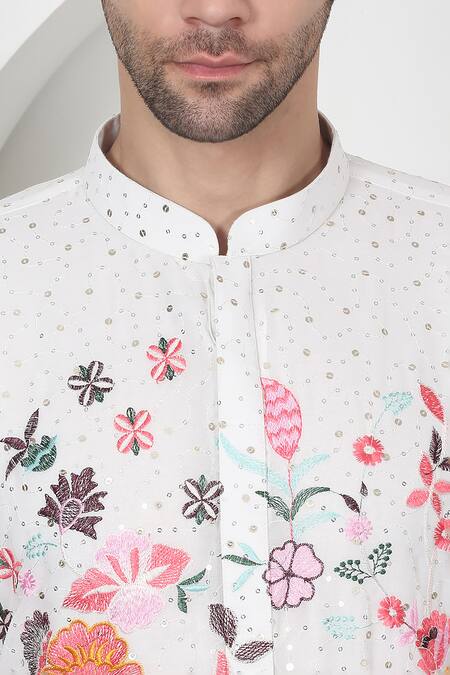 Aham-Vayam White Cotton Sequins, Embroidery Forest Tiger Kurta Set at Aza Fashions Aham-Vayam_White Cotton Sequins, Embroidery Forest Tiger Kurta Set_at_Aza_Fashions