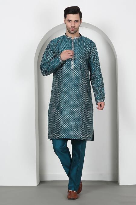 Buy_Aham-Vayam_Green Cotton Sequins, Embroidery Jaal Kurta Set _Online_at_Aza_Fashions