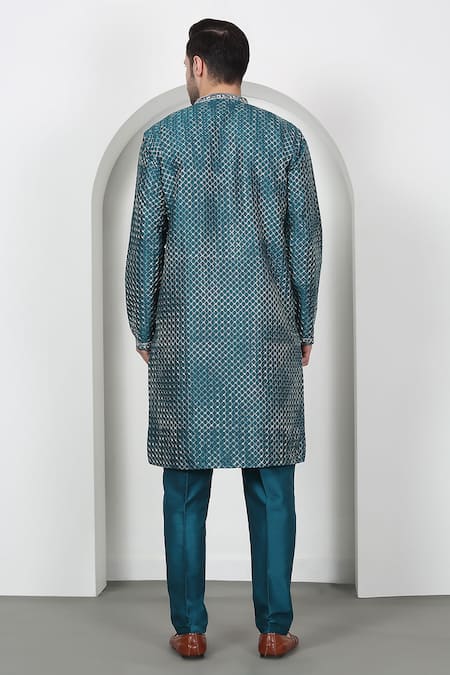 Aham-Vayam Green Cotton Jaal Embroidered Kurta Set 