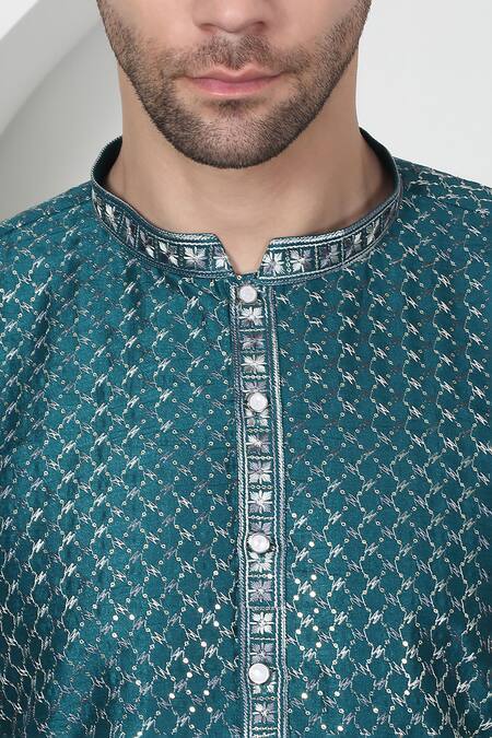 Aham-Vayam_Green Cotton Sequins, Embroidery Jaal Kurta Set _at_Aza_Fashions
