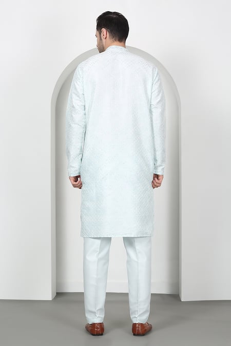 Shop Aham-Vayam Blue Cotton Sequins, Embroidery Diagonal Kurta Set at Aza Fashions Shop_Aham-Vayam_Blue Cotton Sequins, Embroidery Diagonal Kurta Set _at_Aza_Fashions